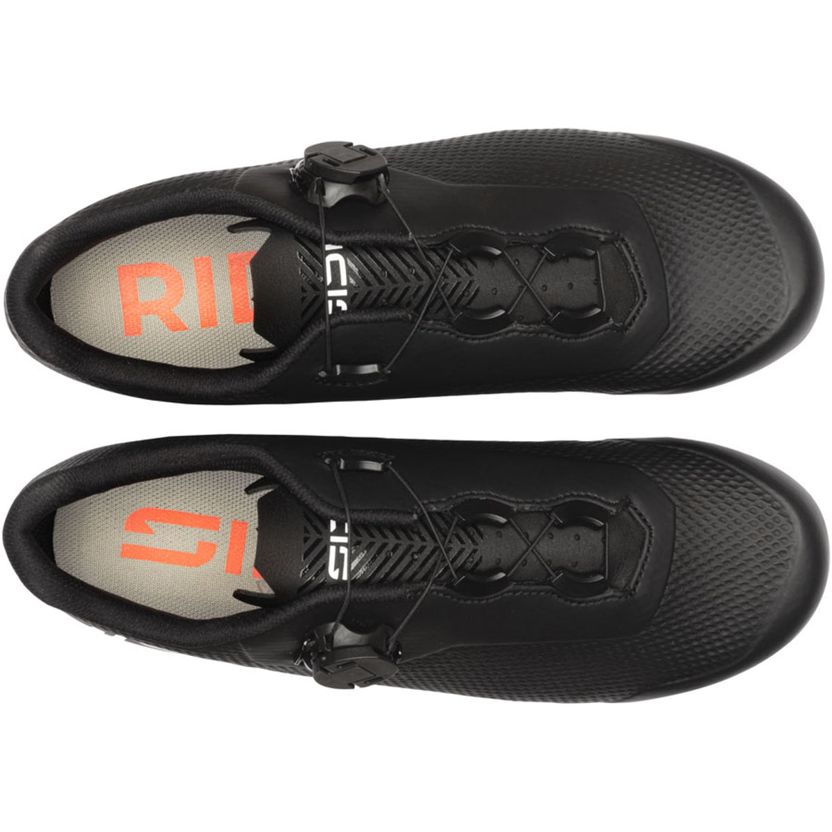 Black cycling shoe open interior showing lining and footbed