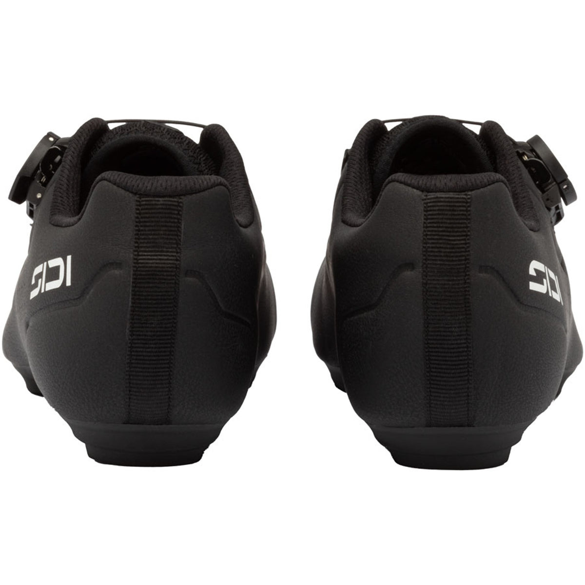 Black road cycling shoes, rear view with SIDI logo and heel elastic strap
