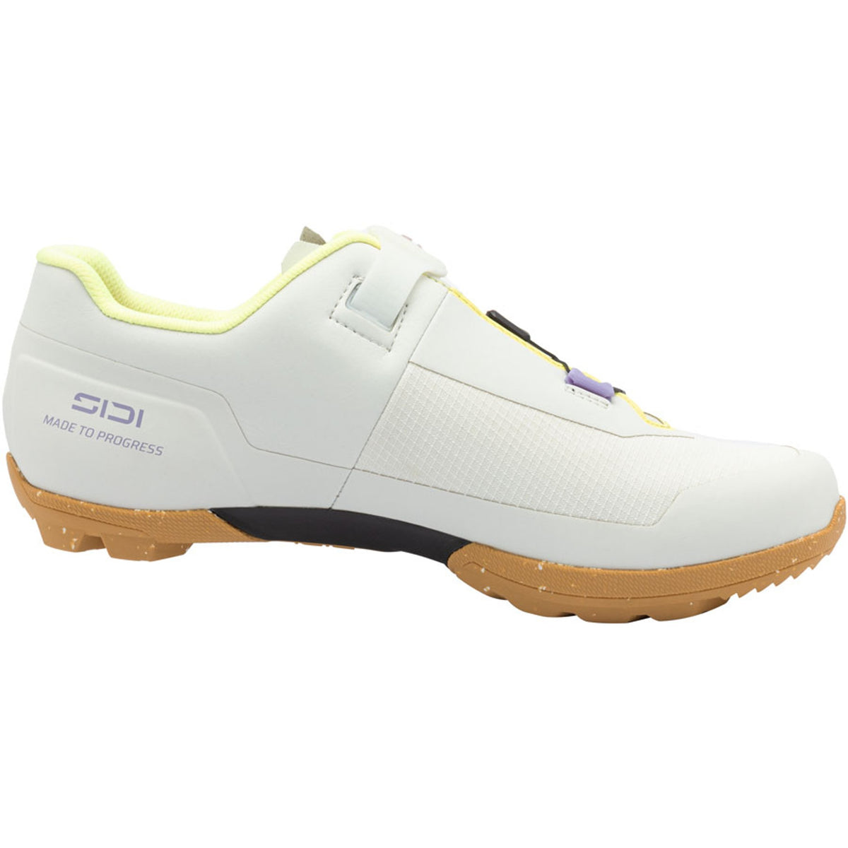 Ice white cycling shoe side view with lime trim and two adjustable hook-and-loop straps