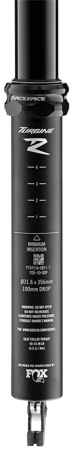 RaceFace Turbine R Dropper Seatpost - 30.9 100mm Travel Black - Bicycle Warehouse