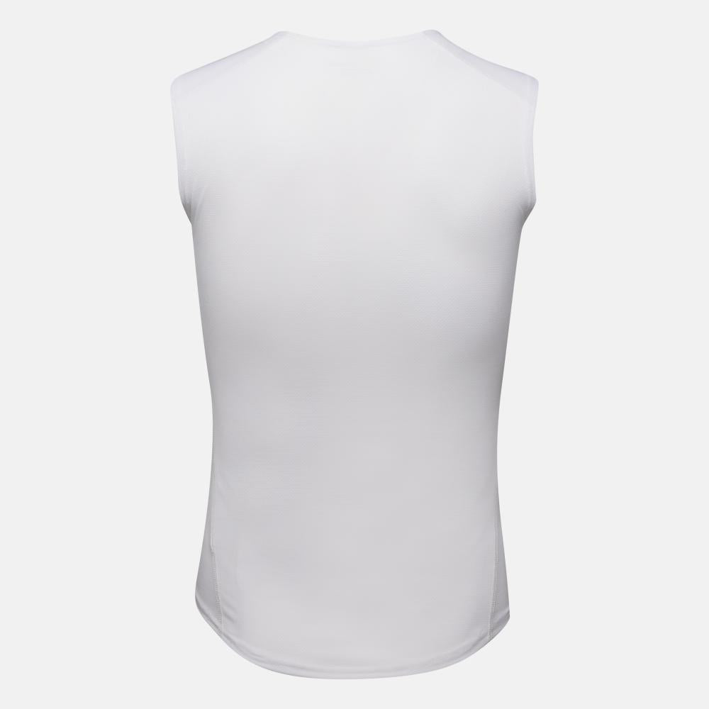 White men's sleeveless mesh base layer, back view