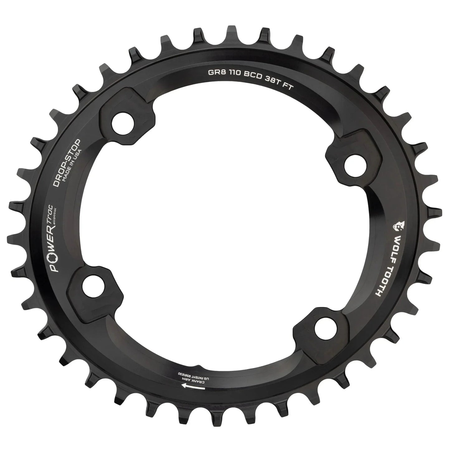 Elliptical Shimano 110 Asymmetric BCD Chainring - 38t 110 Asymmetric BCD 4-Bolt Drop-Stop For Shimano GRX Cranks BLK - Bicycle Warehouse