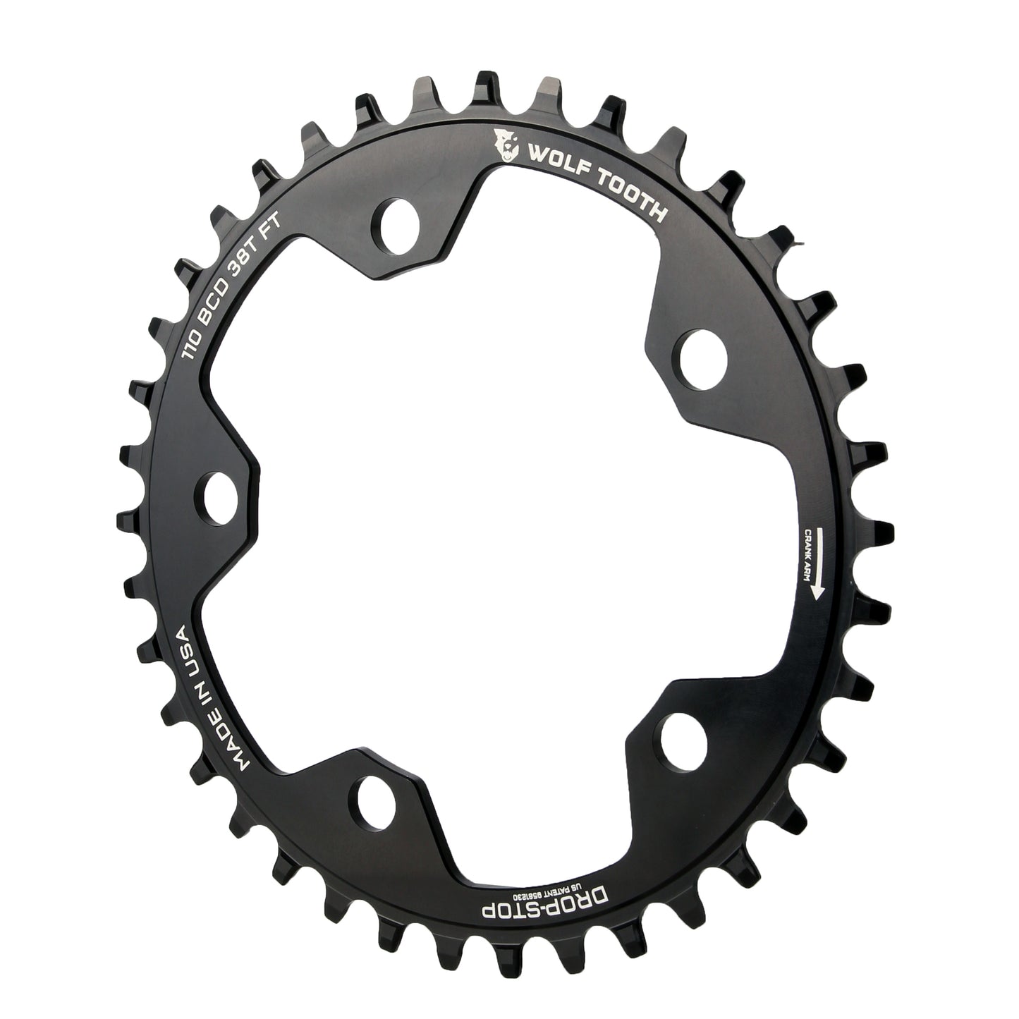 Wolf Tooth 110 BCD Cyclocross Road Chainring - 38t 110 BCD 5-Bolt Drop-Stop 10/11/12-Speed Eagle Flattop Compatible BLK - Bicycle Warehouse