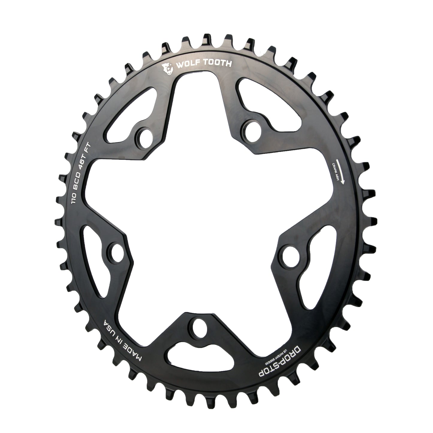 Wolf Tooth 110 BCD Cyclocross Road Chainring - 46t 110 BCD 5-Bolt Drop-Stop 10/11/12-Speed Eagle Flattop Compatible BLK - Bicycle Warehouse