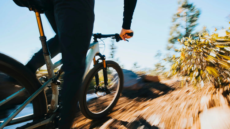 A person rides a mountain bike downhill on a dirt trail, surrounded by blurred trees and foliage, creating a sense of speed and motion in bright daylight.