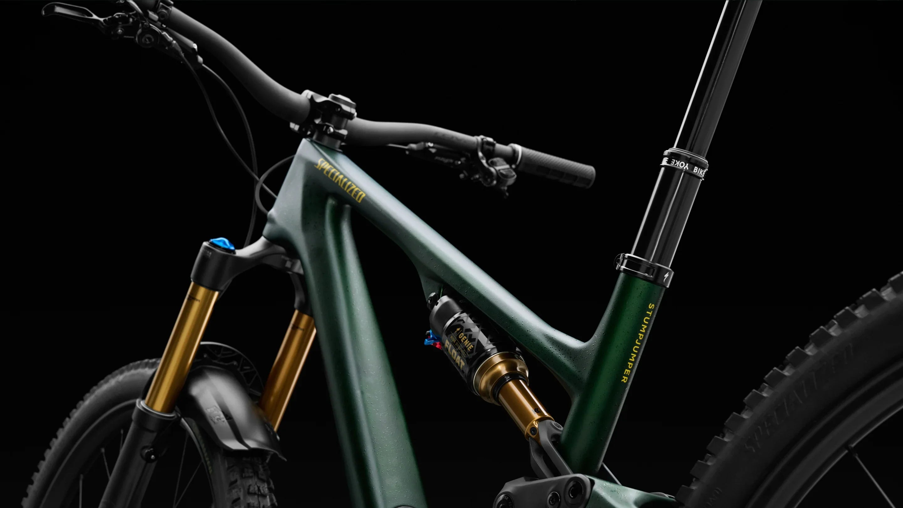 Close-up of a dark green mountain bike with golden suspension forks, rear shock absorber, and dropper seatpost against a black background.