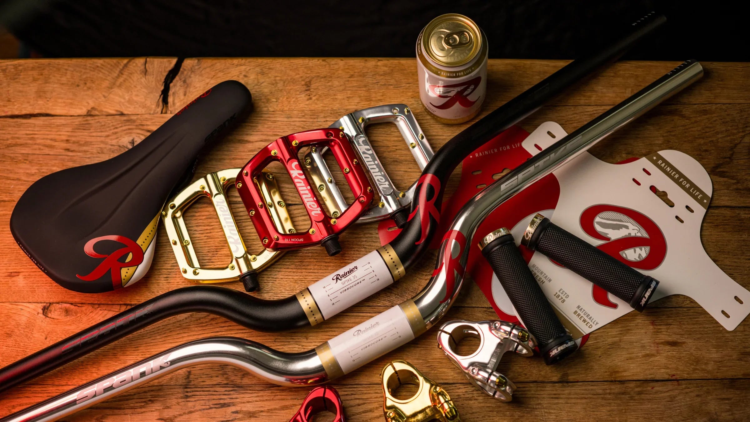 Limited Edition Rainier Beer x Spank Industries Mountain Bike Parts