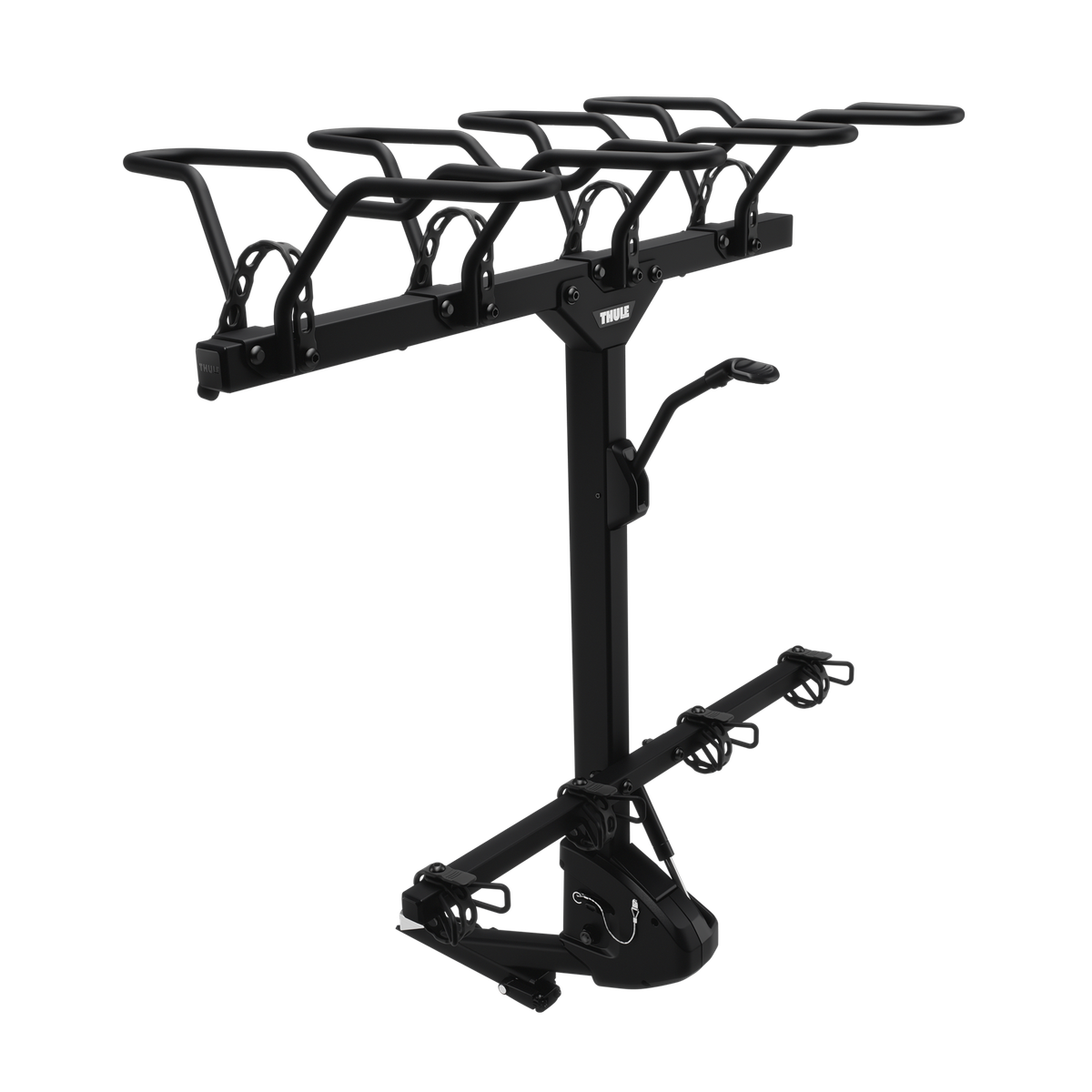 Hitch-mounted 4-bike rack with four padded cradles and tie-down straps