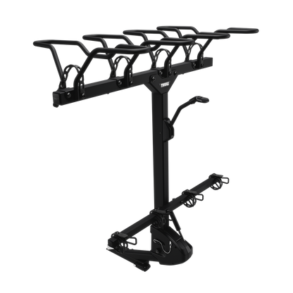 Hitch-mounted 4-bike rack with four padded cradles and tie-down straps