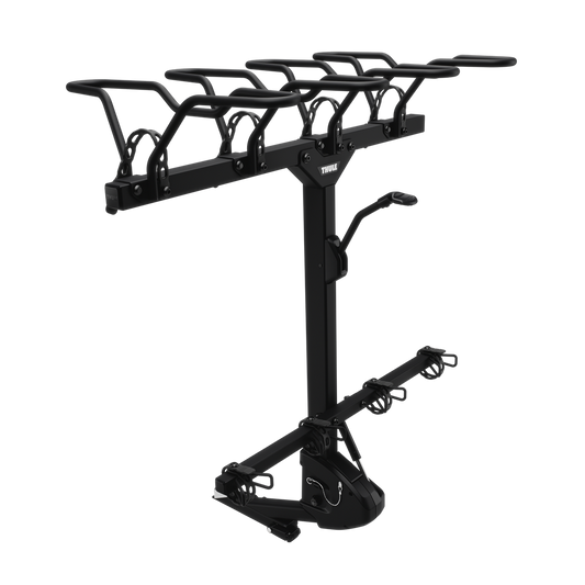 Hitch-mounted 4-bike rack with four padded cradles and tie-down straps