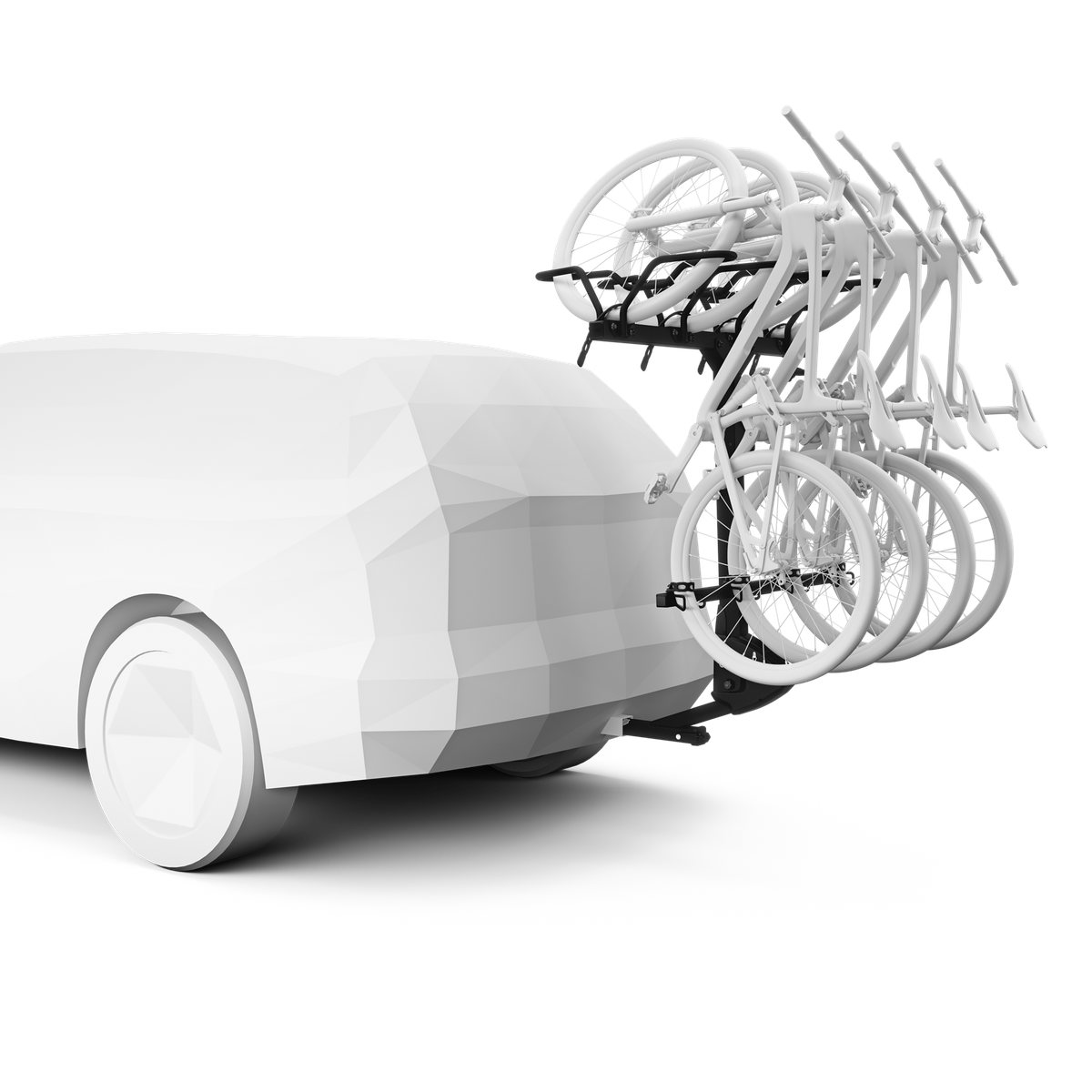 White pickup with hitch-mounted rack holding multiple bikes