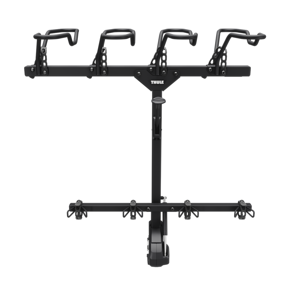 Black hitch rack with four bike cradles and THULE hitch post