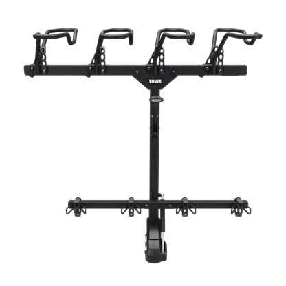 Black hitch rack with four bike cradles and THULE hitch post
