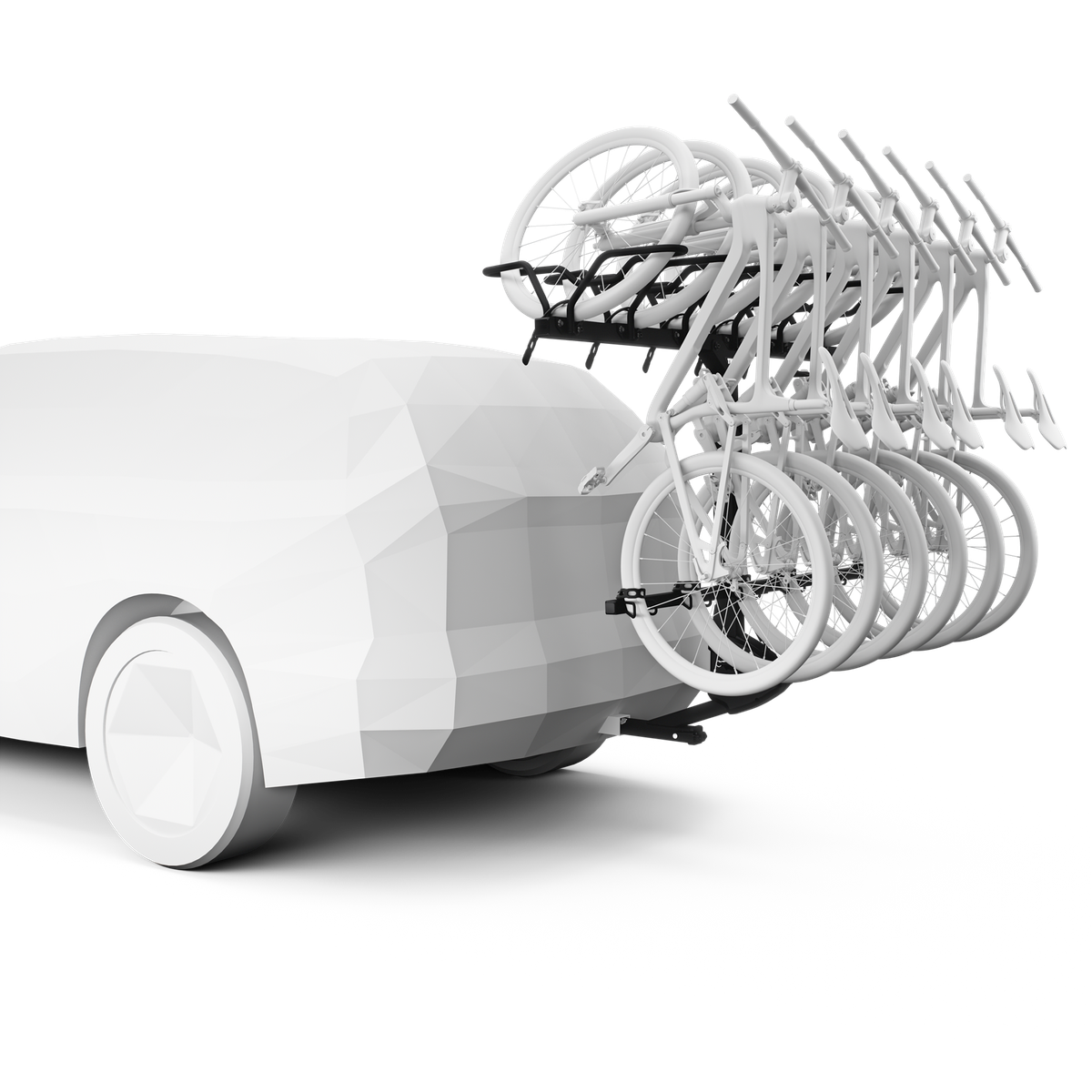 White 6-bike hitch rack with arched bike cradles and wheel straps