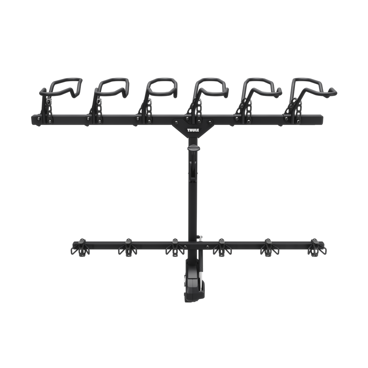 Black 6-bike hitch rack with multiple bike cradles on a hitch-mounted frame