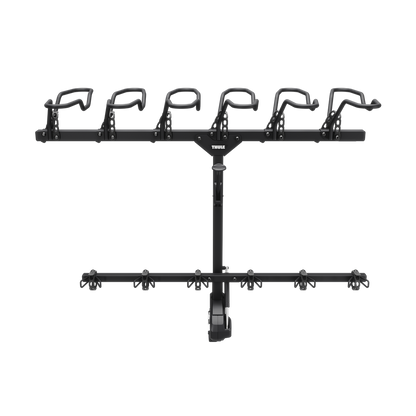 Black 6-bike hitch rack with multiple bike cradles on a hitch-mounted frame