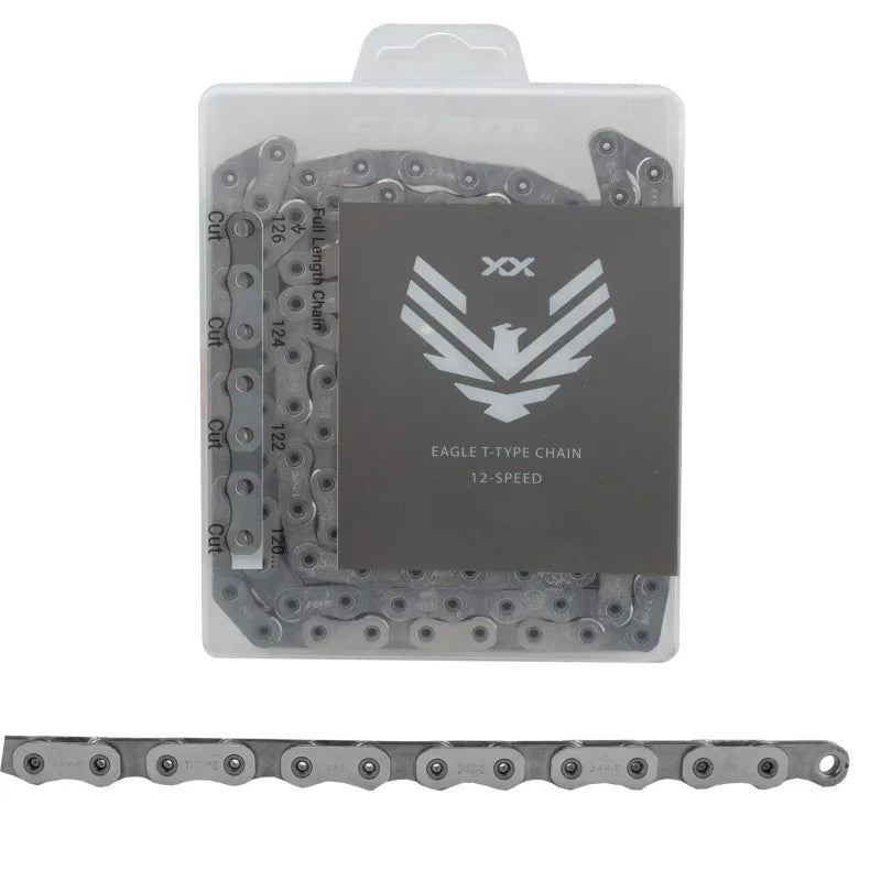XX Eagle T-Type Flattop Chain - 12-Speed 126 Links Hollow Pin Includes PowerLock Connector PVD Coated Silver - Bicycle Warehouse