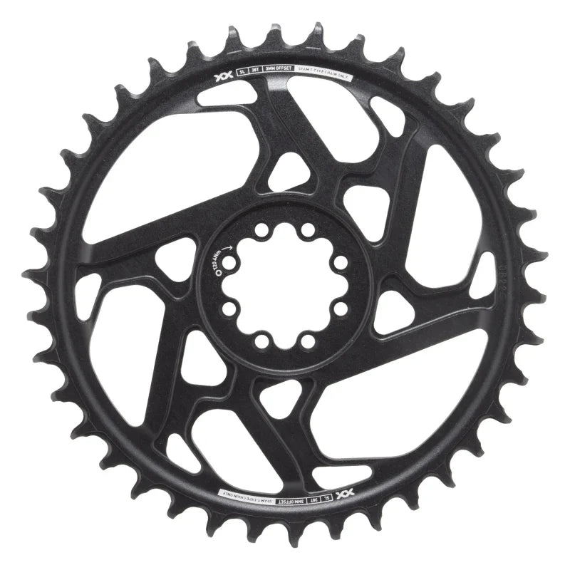 XX SL Eagle T-Type Direct Mount Chainring - 38t 12-Speed 8-Bolt Direct Mount 3mm Offset Aluminum BLK/Silver D1 - Bicycle Warehouse