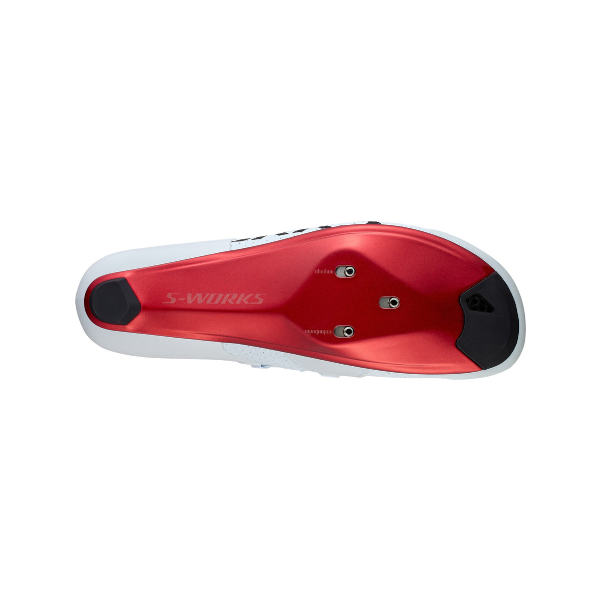 Shoe outsole underside with red plate and black grip pads
