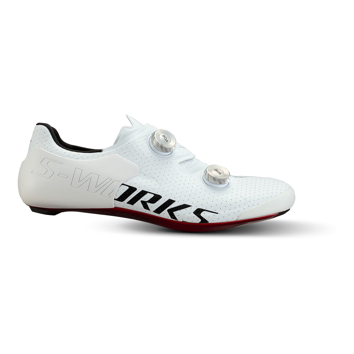 White cycling road shoes with two dial closures and red sole