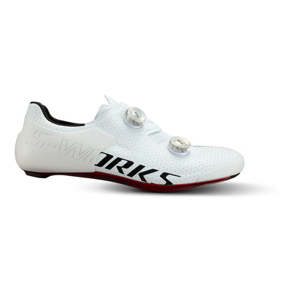 White cycling road shoes with two dial closures and red sole