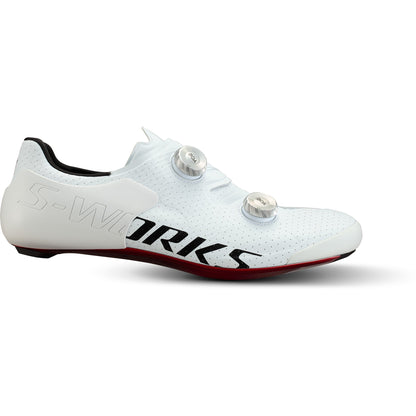 White cycling road shoes with two dial closures and red-trim sole