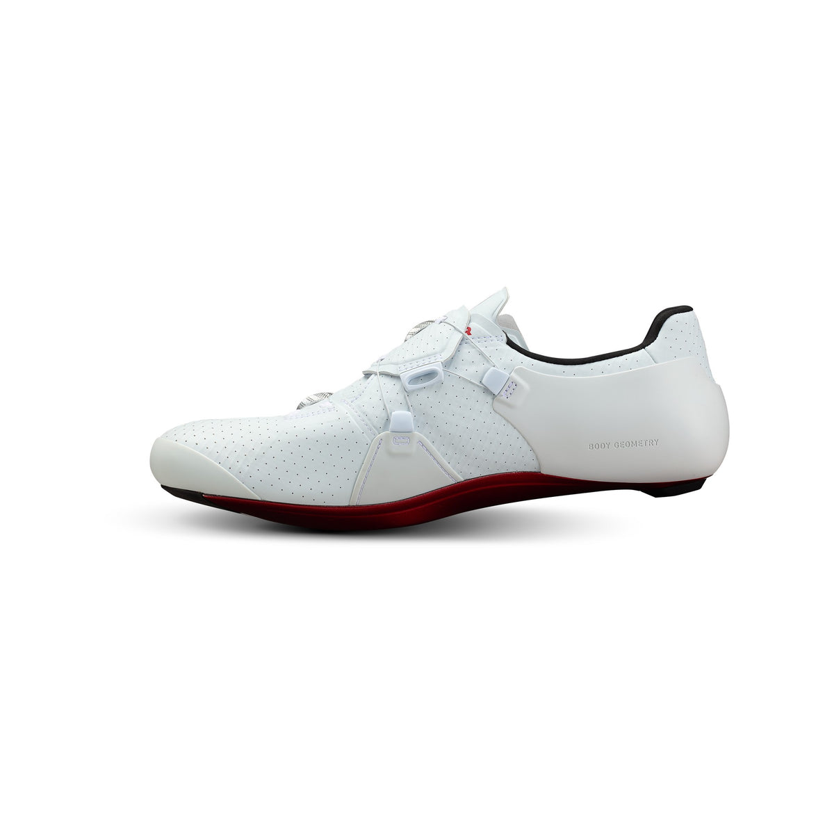 White cycling road shoe, side view, two-buckle closure, red outsole