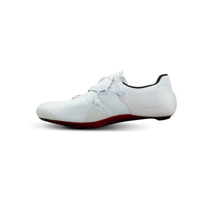 White cycling road shoe, side view, two-buckle closure, red outsole