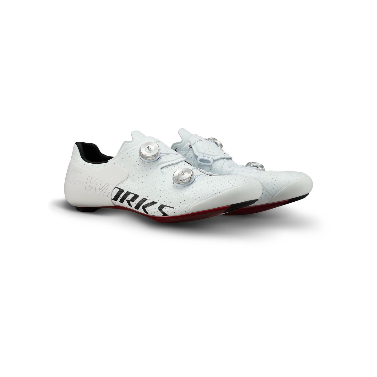 White cycling road shoe with two-buckle closure and red outsole trim