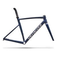 Blue alloy bike frameset with black head tube and Specialized decal