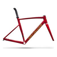 Red alloy bike frameset with black head tube and Specialized decal