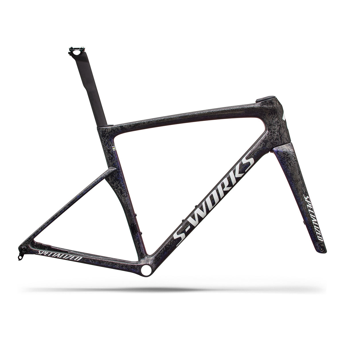 Carbon road bike frameset, dark blue-purple speckled finish with S-Works decals, full view