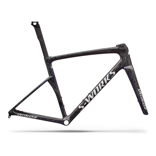 Carbon road bike frameset, dark blue-purple speckled finish with S-Works decals, full view