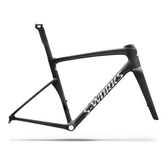 Road bike frameset with dark carbon finish and S-Works logo, includes front fork and frame.