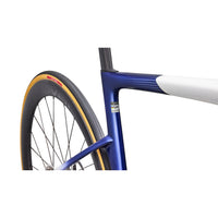 Front wheel and fork close-up on blue-and-white road bike with gold rim edge
