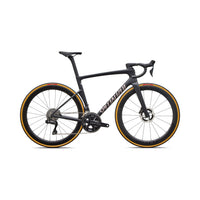 Black aero road bike side view with disc brakes and orange-trim wheel rims