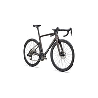 Dark gray road bike with black wheels and cockpit, disc brakes and front fork