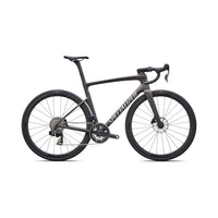 Dark gray road bike with black wheels, front drivetrain, and silver lettering