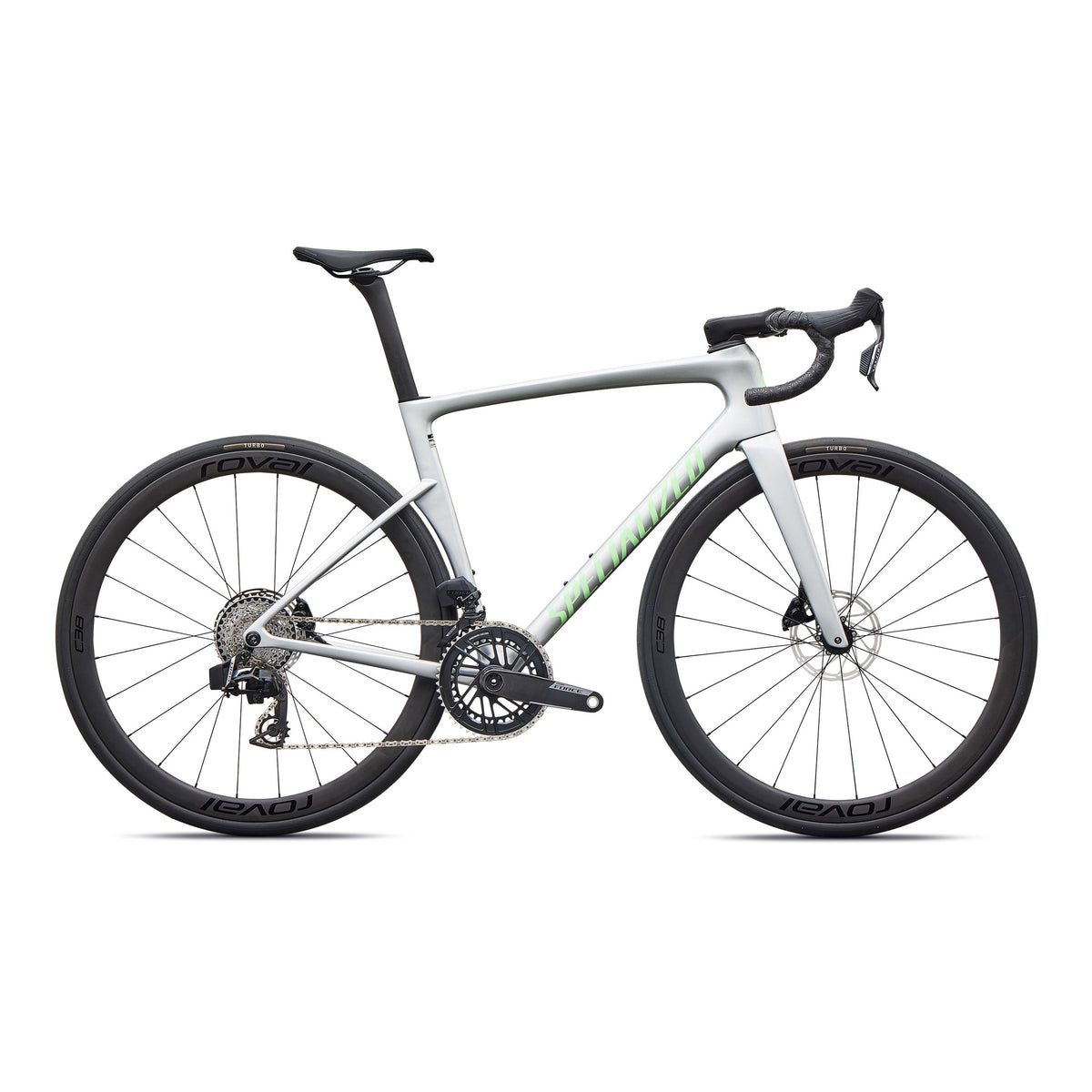 Silver road bike with black wheels, bar-end shifters, and green accent stripe