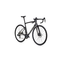 Charcoal road bike in side view, narrow tires, drop handlebars, disc rotors
