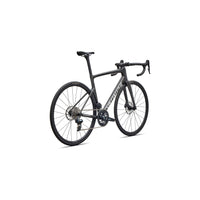 Charcoal road bike angled view, aero frame, front disc brake, flat pedals