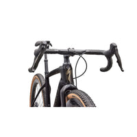S-Works road e-bike, handlebar and fork close-up in matte black with orange-tinted tires