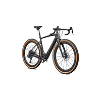 S-Works road e-bike, angled side view with black frame and orange-accent tires