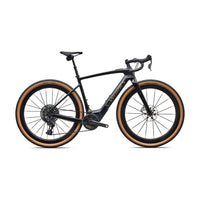 S-Works road e-bike, black frame with orange rim stripes and front disc rotor