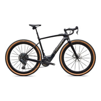 S-Works road e-bike, black frame with orange tire sidewalls and disc wheels