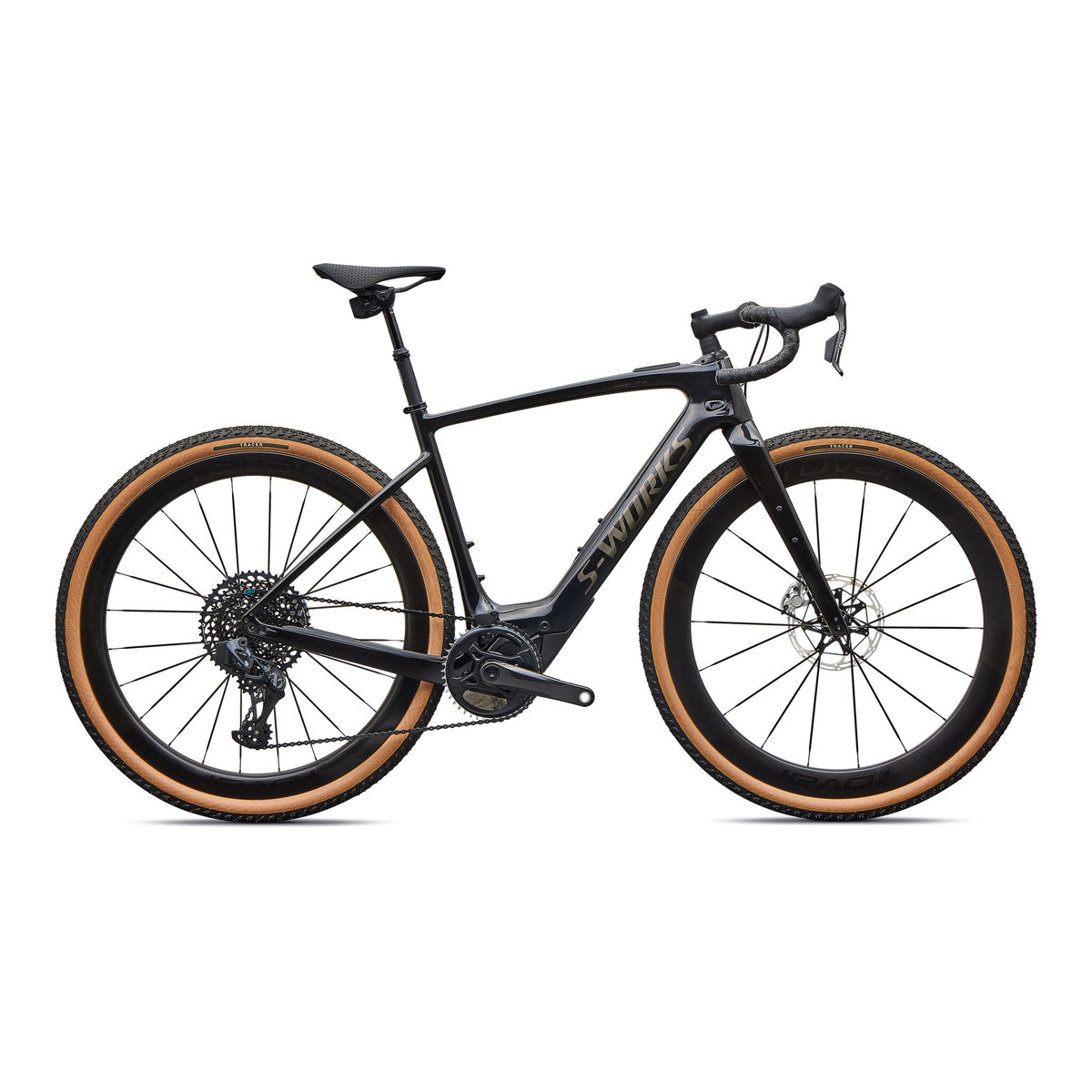 S-Works road e-bike, black frame with orange tire sidewalls and disc wheels