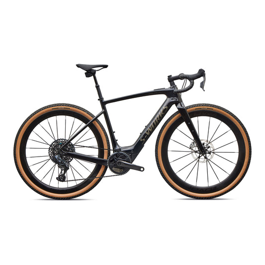 S-Works road e-bike, black frame with orange tire sidewalls and disc wheels
