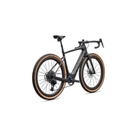 S-Works road e-bike, front three-quarter view with black frame and orange tire trim