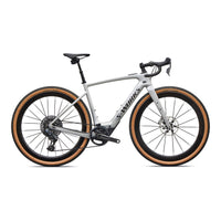 S-Works road e-bike, white frame with orange tire sidewalls and disc wheelset
