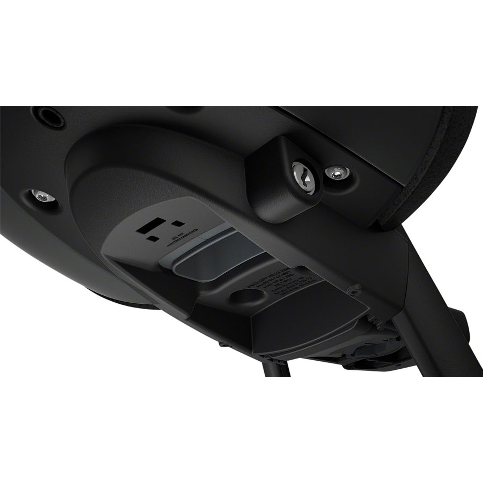 Dark bike child seat base with mounting bracket and footrest panel